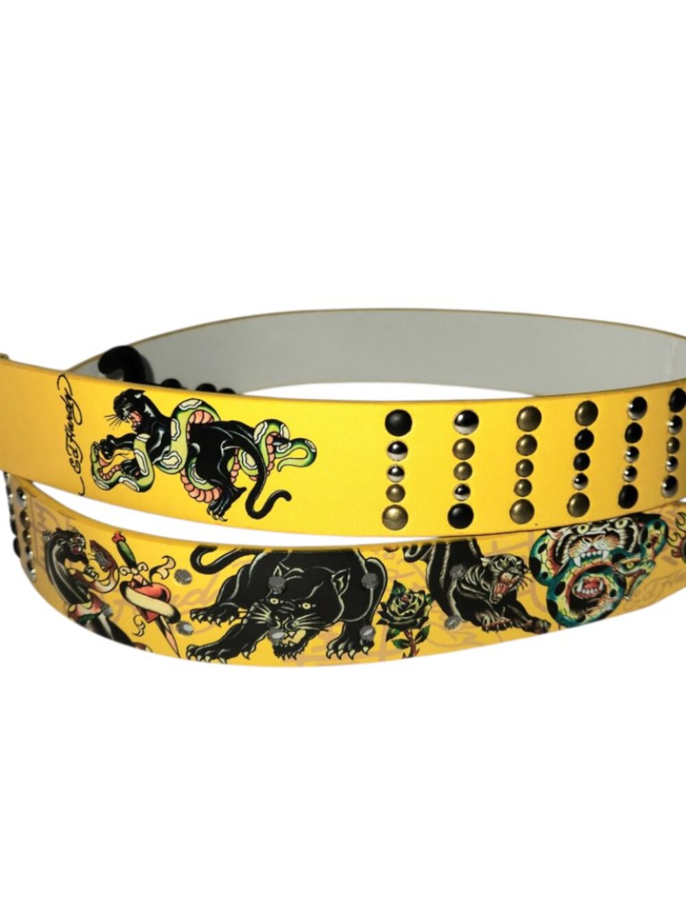 Ed Hardy Double Prong Belt Mens Size 34 Rivet Studs Panther Print Yellow New NWT
